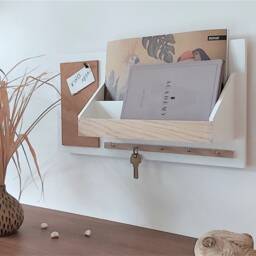 Wall Organizer White Wood, Oak Veneer, Cork Board & Key Hooks - thumbnail 3