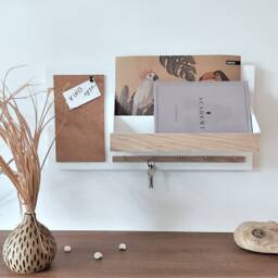 Wall Organizer White Wood, Oak Veneer, Cork Board & Key Hooks - thumbnail 2