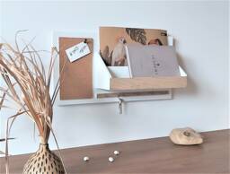 Wall Organizer White Wood, Oak Veneer, Cork Board & Key Hooks