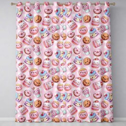 Cute Kawaii Donut Cake Dessert Pink Gingham Seamless Pattern Readymade Eyelet Ring Top Thermal 100% Blackout Curtains - thumbnail 2