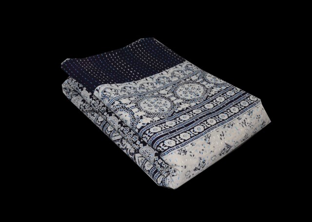 Indigo Handblock Queen/King Kantha Quilt Throw Handmade Bedspread Indian Vintage Bohemian Blanket Coverlet Bedspread Bedcover Blue Ajrak - image 1