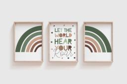 3 Boys Nursery Prints, Safari Jungle Wall Art, Rainbow Bedroom Let The World Hear Your Roar, Art - thumbnail 1