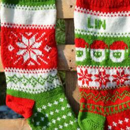 Set Of 2 Hand Knitted Christmas Stockings, Home Decor, Personalized Christams Stocking With Snowflake & Santa - thumbnail 2