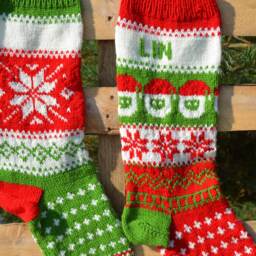 Set Of 2 Hand Knitted Christmas Stockings, Home Decor, Personalized Christams Stocking With Snowflake & Santa - thumbnail 4