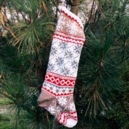 Christmas Stocking, Personalised, Hand Knit, Norwegian Design, Decoration, Scandinavian Ornament, Poinsettias, Snowflakes