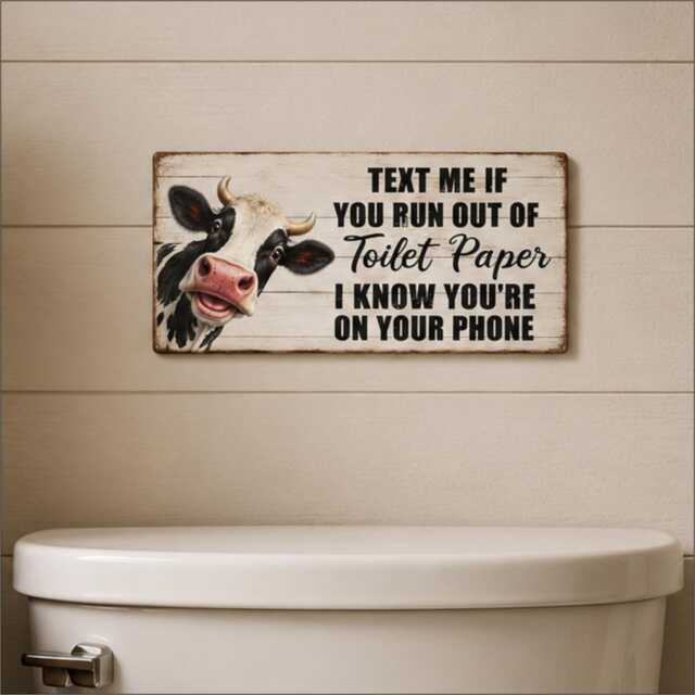 Funny Toilet Paper Sign, Funny Cow Sign, Run Out Of Plaque, Wall Art, Guest Toilet Bathroom Sign - image 1