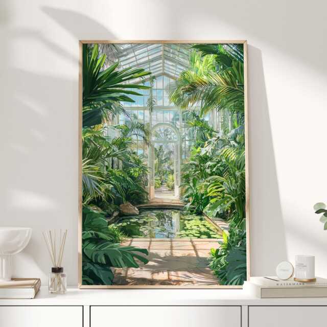 Kew Gardens Palm House Print - Botanical Greenhouse Wall Art Tropical Garden Pond & Glasshouse Interior Nature Lover Gift - image 1