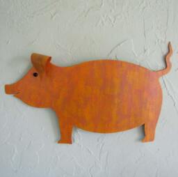 Handmade Metal Pig Wall Art Orange Barnyard Sculpture - 9x13 - thumbnail 1
