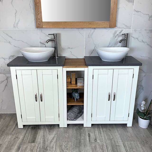 Bathroom Vanity Unit - Sink Washstand Slimline White Painted With Grey Quartz Worktop & Sit On Basins Taps Plugs Included - image 1