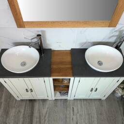 Bathroom Vanity Unit - Sink Washstand Slimline White Painted With Grey Quartz Worktop & Sit On Basins Taps Plugs Included - thumbnail 3