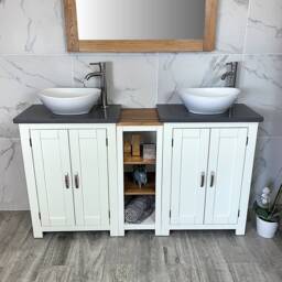 Bathroom Vanity Unit - Sink Washstand Slimline White Painted With Grey Quartz Worktop & Sit On Basins Taps Plugs Included