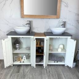 Bathroom Vanity Unit - Sink Washstand Slimline White Painted With Grey Quartz Worktop & Sit On Basins Taps Plugs Included - thumbnail 2