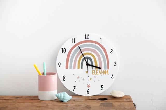 Rainbow Bedroom Childs Wall Clock - Children's Gift Nursery, Pastel Personalised - image 1