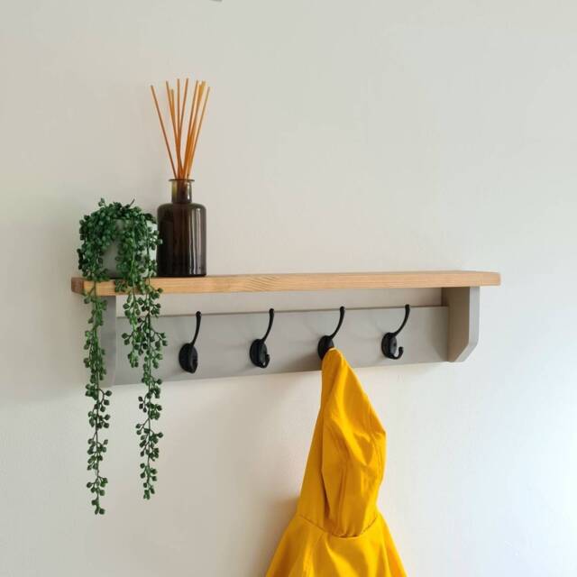 Grey Coat Rack With Shelf - Wooden Wall Hook Farmhouse Entryway Storage Black, Chrome, Brass, Bronze, Copper Options - image 1