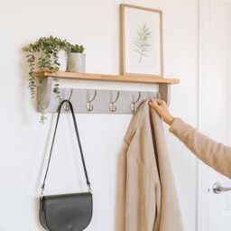 Grey Coat Rack With Shelf - Wooden Wall Hook Farmhouse Entryway Storage Black, Chrome, Brass, Bronze, Copper Options - thumbnail 4