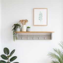 Grey Coat Rack With Shelf - Wooden Wall Hook Farmhouse Entryway Storage Black, Chrome, Brass, Bronze, Copper Options - thumbnail 2