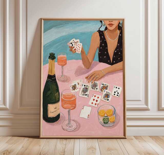 Poker Night Wall Art Print - Modern Playing Cards & Casino Chips Poster Colorful Contemporary Bar Decor With Champagne - image 1