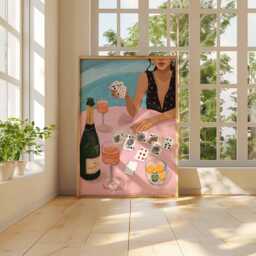 Poker Night Wall Art Print - Modern Playing Cards & Casino Chips Poster Colorful Contemporary Bar Decor With Champagne - thumbnail 3