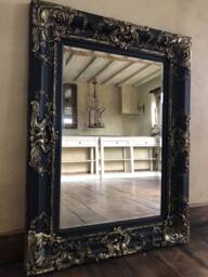 statement Large Swept Ornate French Matt Black Pale Gold Wooden Framed Over Mantle Leaner Wall Beveled Mirror 4Ft X 3Ft Hand Finished
