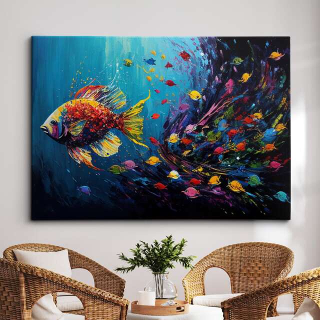 Fish Shoal Swimming Painting Splatter Colorful Wall Art Framed Canvas Poster Print, Home/Office Room Decor Gifts - image 1