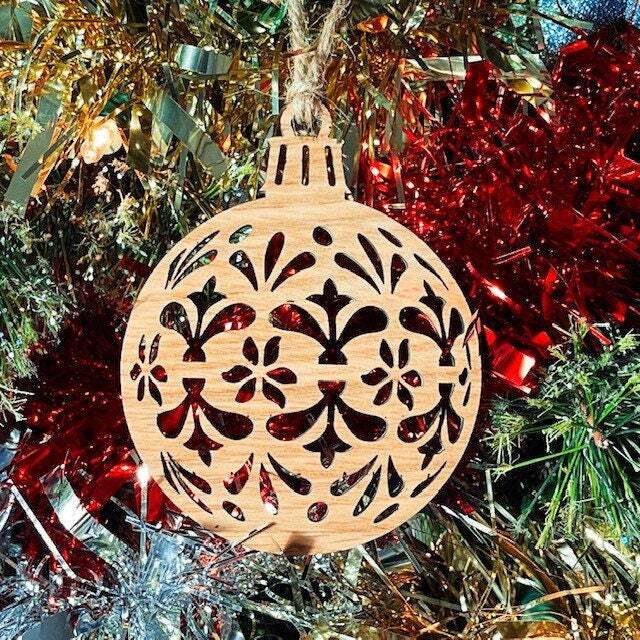 Wooden Bauble Christmas Tree Decoration - Beautiful Xmas Ornament Available in Oak, Walnut Cherry Wood -Or- Silver, Gold, Red, Green Glitter - image 1