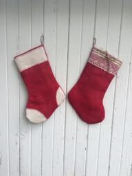 His & Hers-Set Of 2 Stockings-Red Burlap with Lace & Red Cream Patches-Christmas Stocking-Personalize With A Name-Shabby Chic