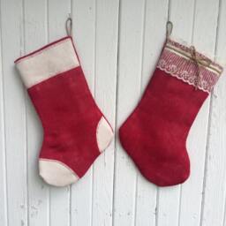 His & Hers-Set Of 2 Stockings-Red Burlap with Lace & Red Cream Patches-Christmas Stocking-Personalize With A Name-Shabby Chic - thumbnail 2