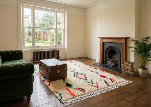 Handmade Wool Rug - Cream Base Multicolor Wavy Lines Diamonds, Bohemian Decor - image 1