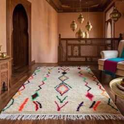 Handmade Wool Rug - Cream Base Multicolor Wavy Lines Diamonds, Bohemian Decor - thumbnail 3