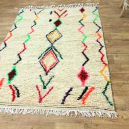 Handmade Wool Rug - Cream Base Multicolor Wavy Lines Diamonds, Bohemian Decor - thumbnail 2