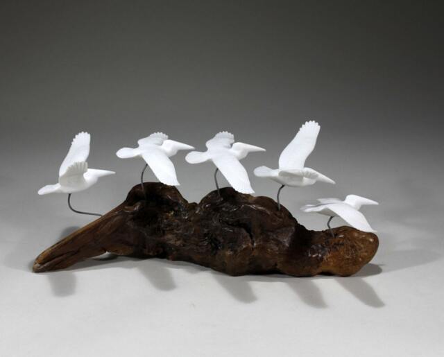 Pelican Flock By John Perry 11In Long Sculpture D??cor Statue On Burlwood - image 1