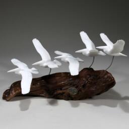 Pelican Flock By John Perry 11In Long Sculpture D??cor Statue On Burlwood - thumbnail 2