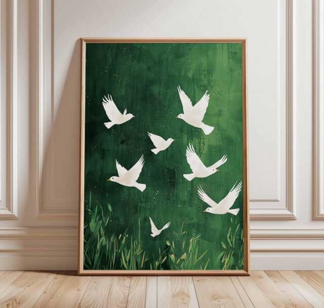 White Birds in Flight Poster, Abstract Green Art, Minimalist Bird Design, Nature Wall & Decor - image 1