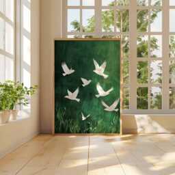 White Birds in Flight Poster, Abstract Green Art, Minimalist Bird Design, Nature Wall & Decor - thumbnail 3