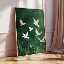 White Birds in Flight Poster, Abstract Green Art, Minimalist Bird Design, Nature Wall & Decor - thumbnail 2