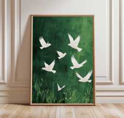 White Birds in Flight Poster, Abstract Green Art, Minimalist Bird Design, Nature Wall & Decor - thumbnail 1
