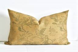 Floral Lumbar Pillow Cover Green & Tan Jacquard Tapestry 14x24 - thumbnail 1