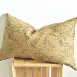 Floral Lumbar Pillow Cover Green & Tan Jacquard Tapestry 14x24 - thumbnail 2