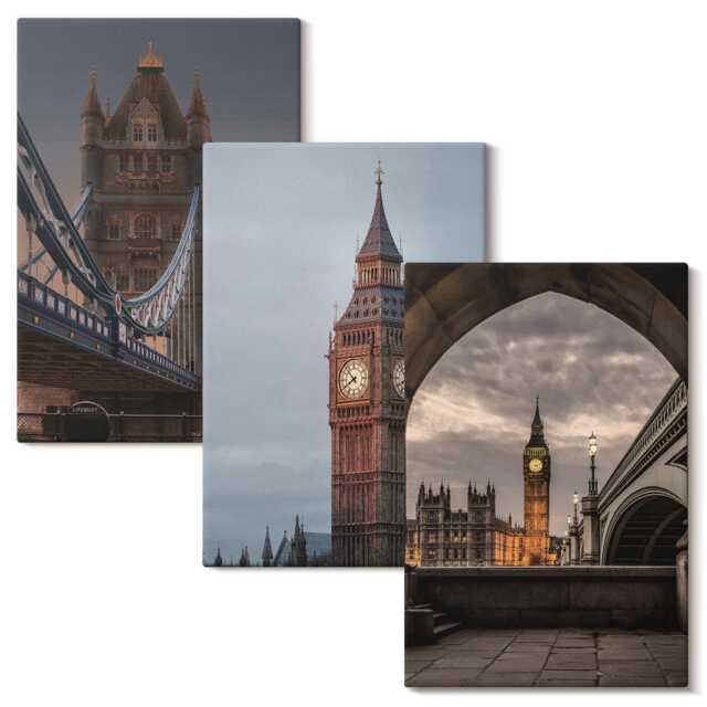 Canvas Wall Art Set Of 3 - Views London With The Bridge & Big Ben, Gray Large Art, Travels Decor - image 1