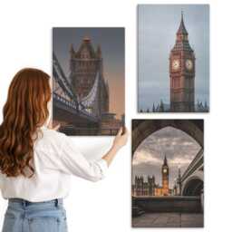 Canvas Wall Art Set Of 3 - Views London With The Bridge & Big Ben, Gray Large Art, Travels Decor - thumbnail 2