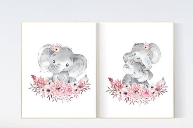 Elephant Nursery Print Boho Floral Girl Room Decor - image 1