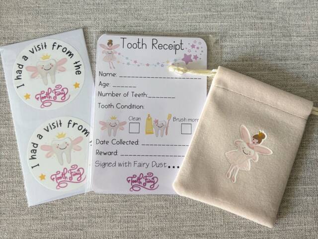 Tooth Fairy Kit, Receipts, Stickers, Velvet Bag, Keepsake - image 1