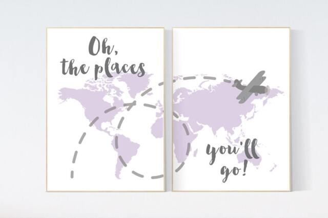 Purple World Map Nursery Decor Travel Theme Art Print - image 1
