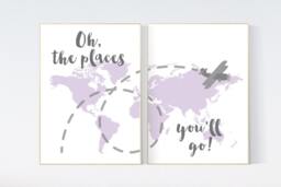 Purple World Map Nursery Decor Travel Theme Art Print - thumbnail 1