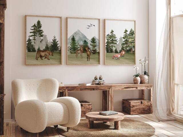 Woodland Nursery Art, Watercolor Nursery, Deer Bear Fox, Woodland Set Of Three Nursery Prints, Forest Prints - image 1