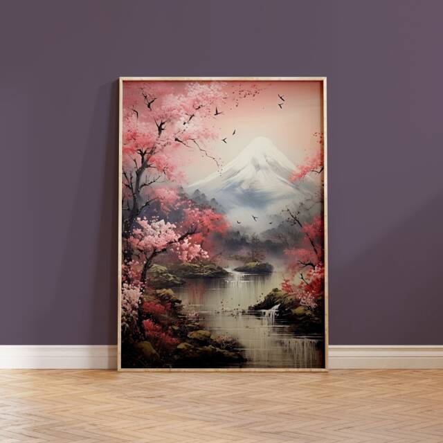 Sakura Tree Art Print Japanese Landscape, Mount Fuji, Cherry Blossom - image 1