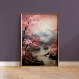 Sakura Tree Art Print Japanese Landscape, Mount Fuji, Cherry Blossom - thumbnail 1