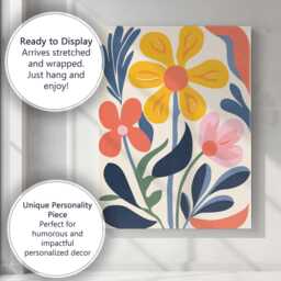 Mid Century Floral Garden With Yellow Bloom & Navy Foliage Canvas Wall Art Print Decor Picture Ready To Hang - thumbnail 3