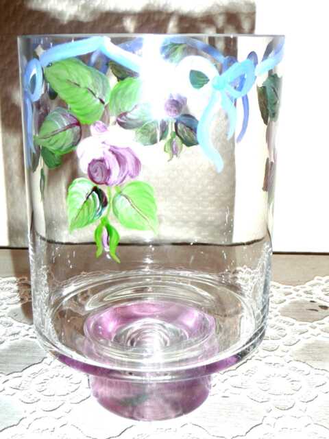 Hand-Painted Glass Tealight Holder Or Vase Rose & Blue Ribbon Motif - image 1