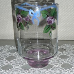 Hand-Painted Glass Tealight Holder Or Vase Rose & Blue Ribbon Motif - thumbnail 3